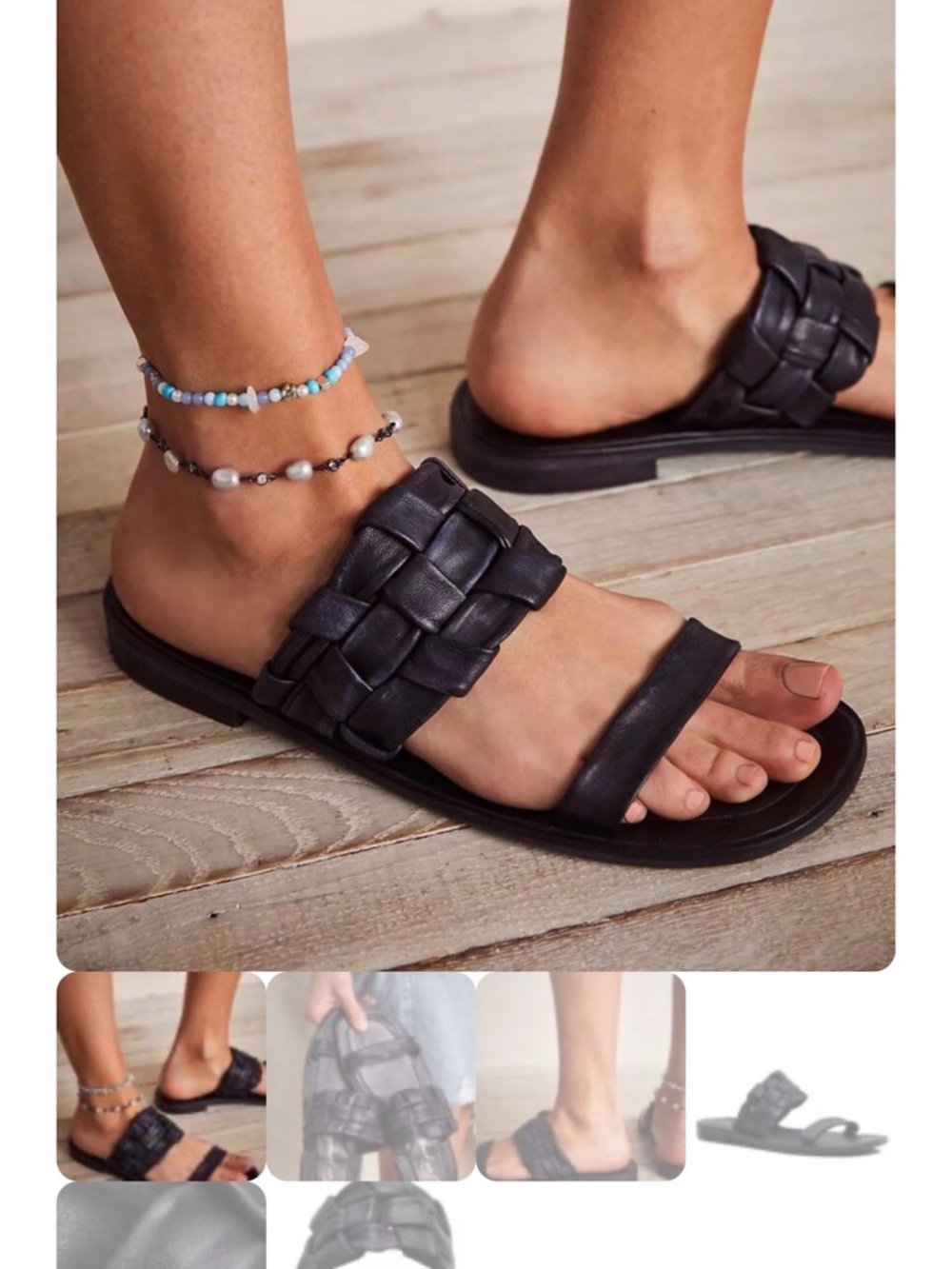Free People Black Woven Leather Slide Sandals